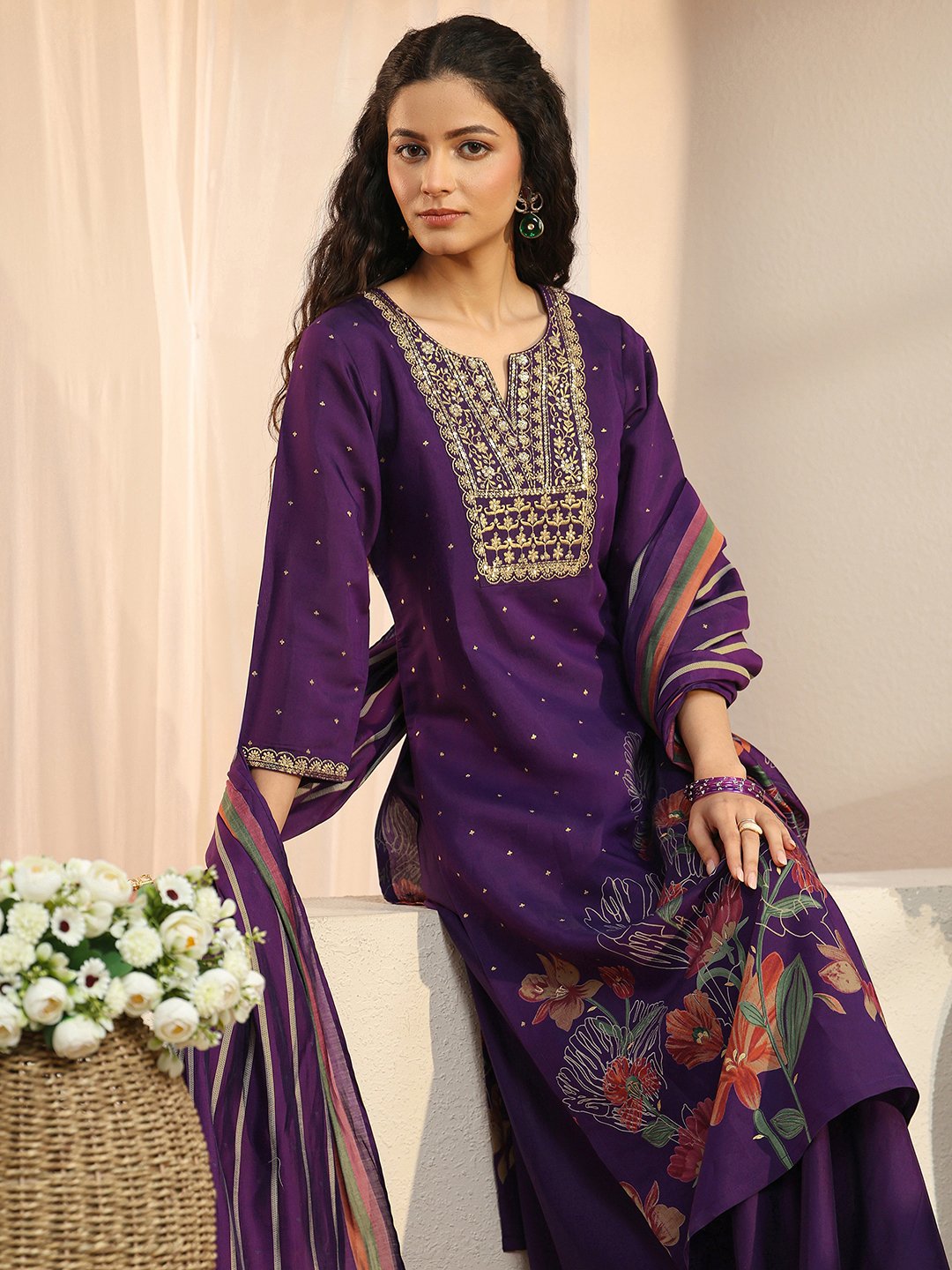 Purple Printed Silk Blend Straight Kurta with Palazzo Pants and Dupatta Set