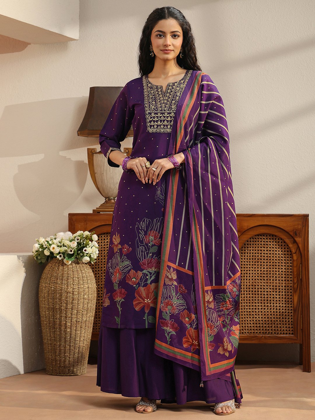 Purple Printed Silk Blend Straight Kurta with Palazzo Pants and Dupatta Set