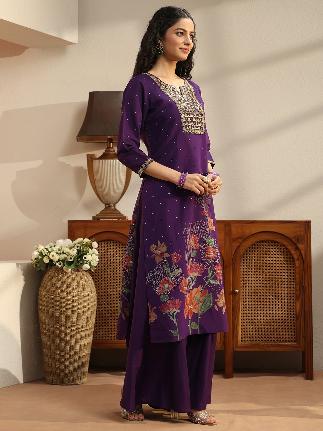 Purple Printed Silk Blend Straight Kurta with Palazzo Pants and Dupatta Set