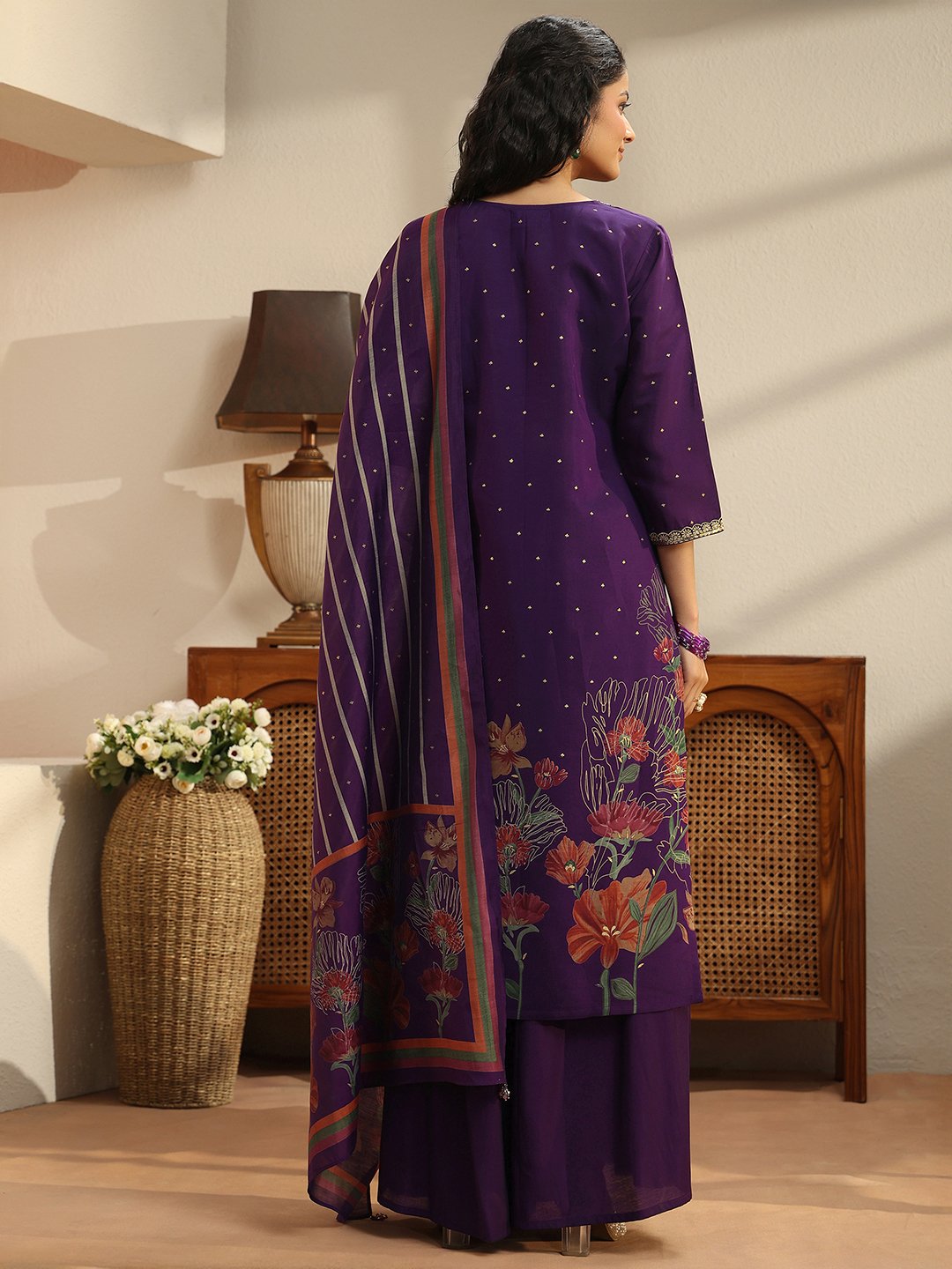 Purple Printed Silk Blend Straight Kurta with Palazzo Pants and Dupatta Set