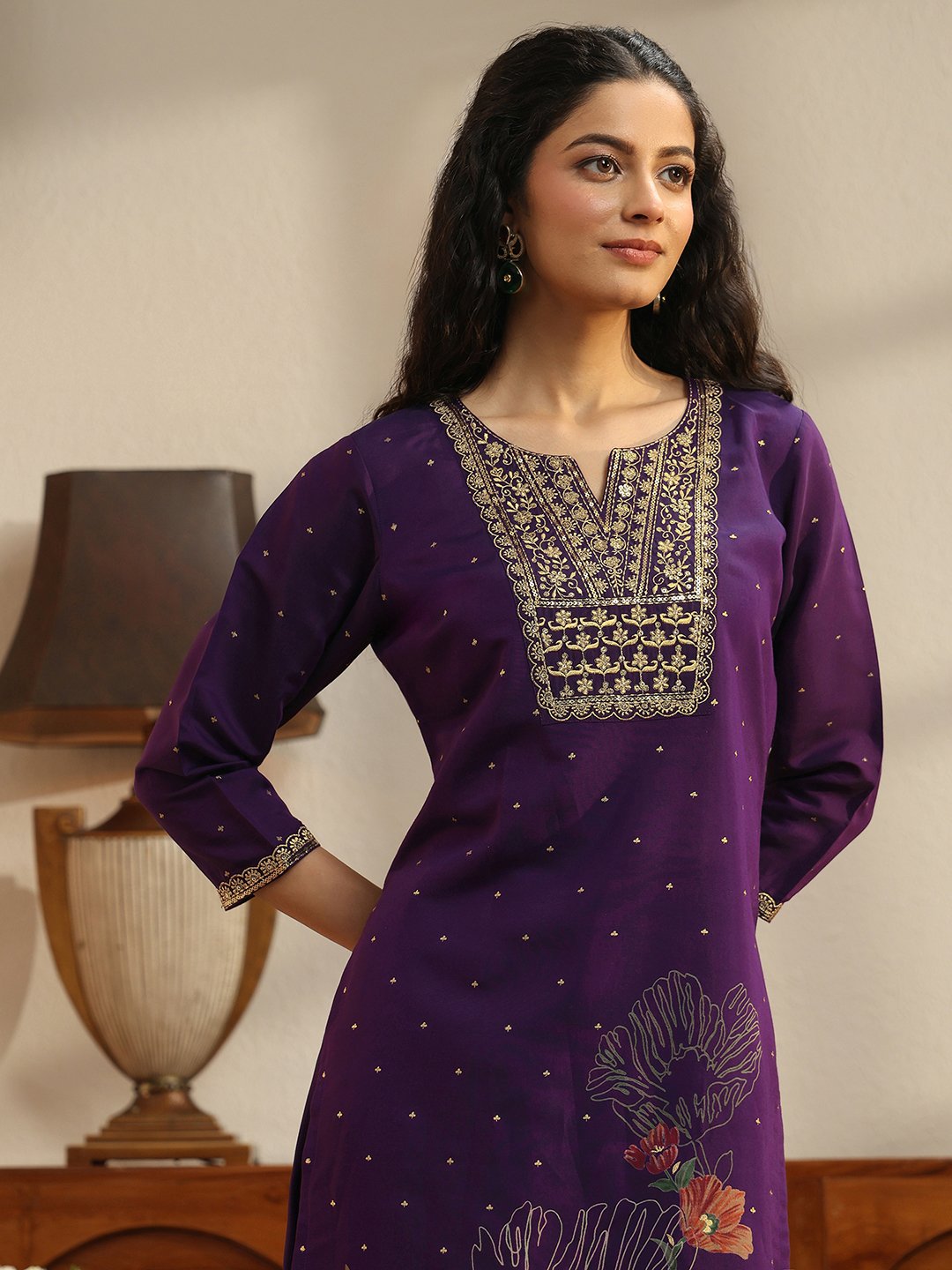Purple Printed Silk Blend Straight Kurta with Palazzo Pants and Dupatta Set