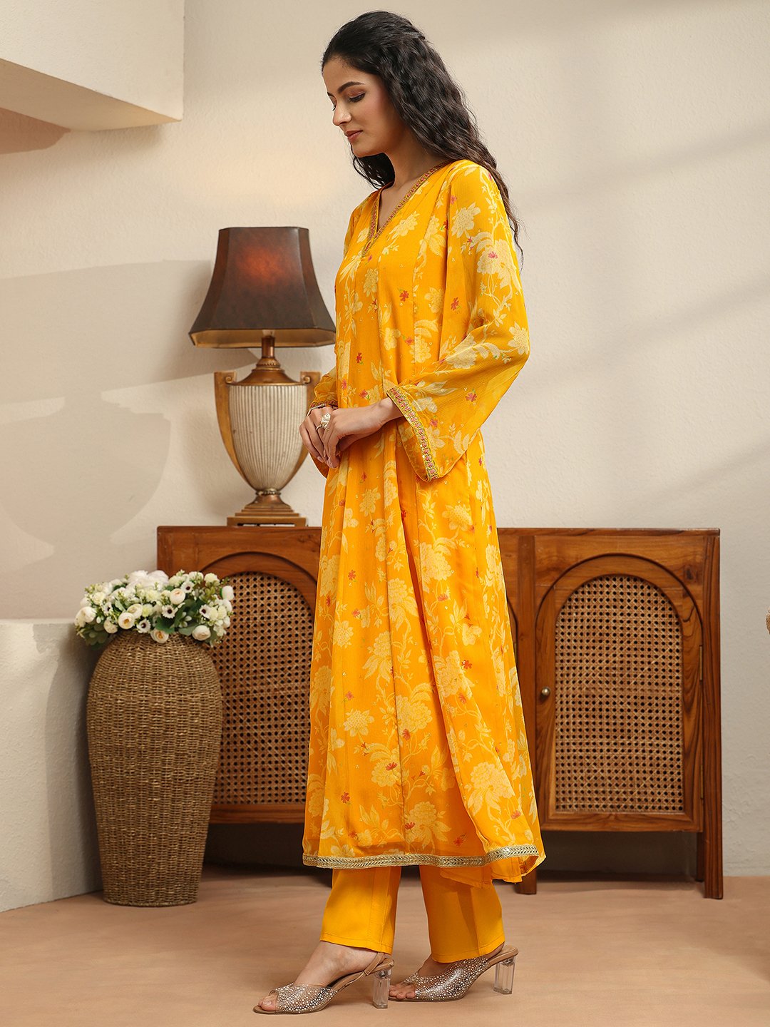 Yellow Printed Chiffon Anarkali Kurta with Straight Pants and Dupatta Set