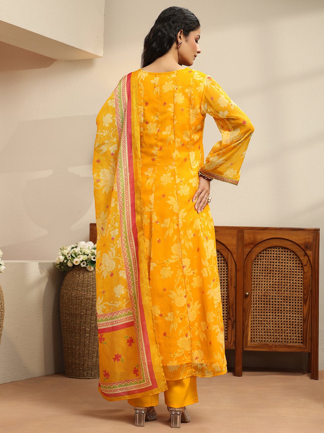 Yellow Printed Chiffon Anarkali Kurta with Straight Pants and Dupatta Set