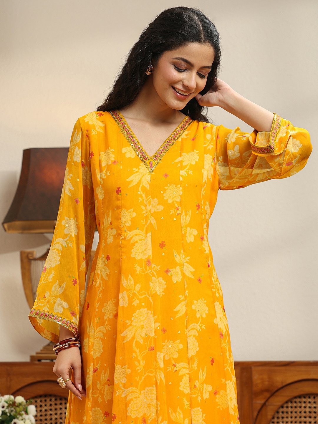 Yellow Printed Chiffon Anarkali Kurta with Straight Pants and Dupatta Set