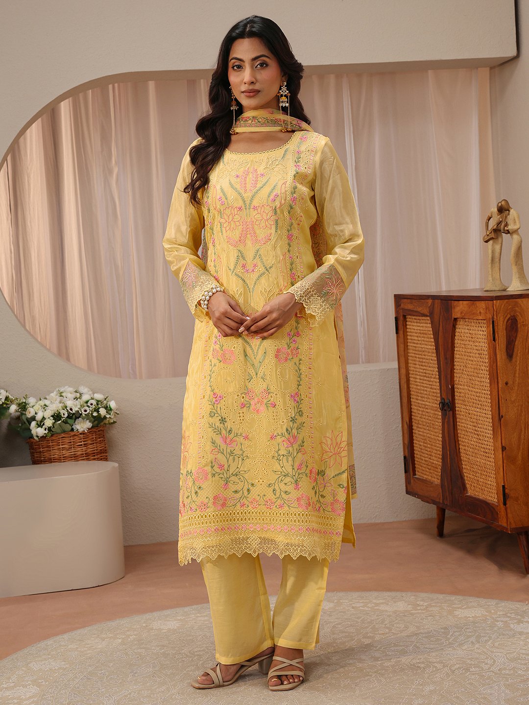 Yellow Embroidered Silk Blend Straight Kurta with Palazzo Pants and Dupatta Set