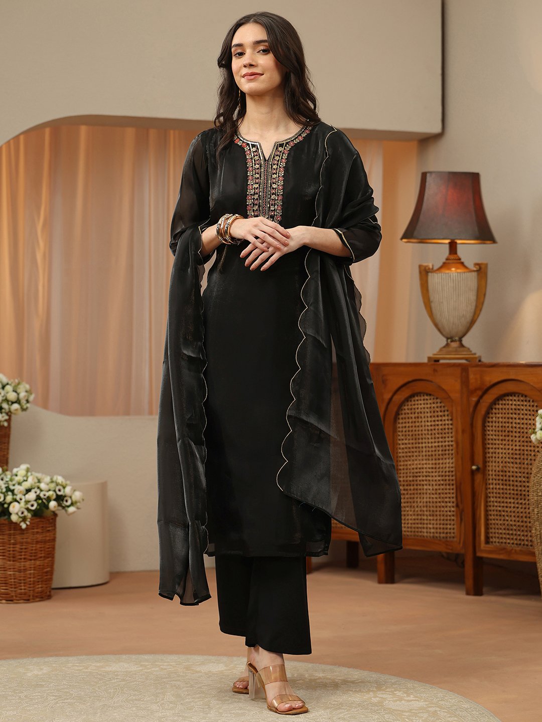 Black Embroidered Tissue Straight Kurta with Straight Pants and Dupatta Set