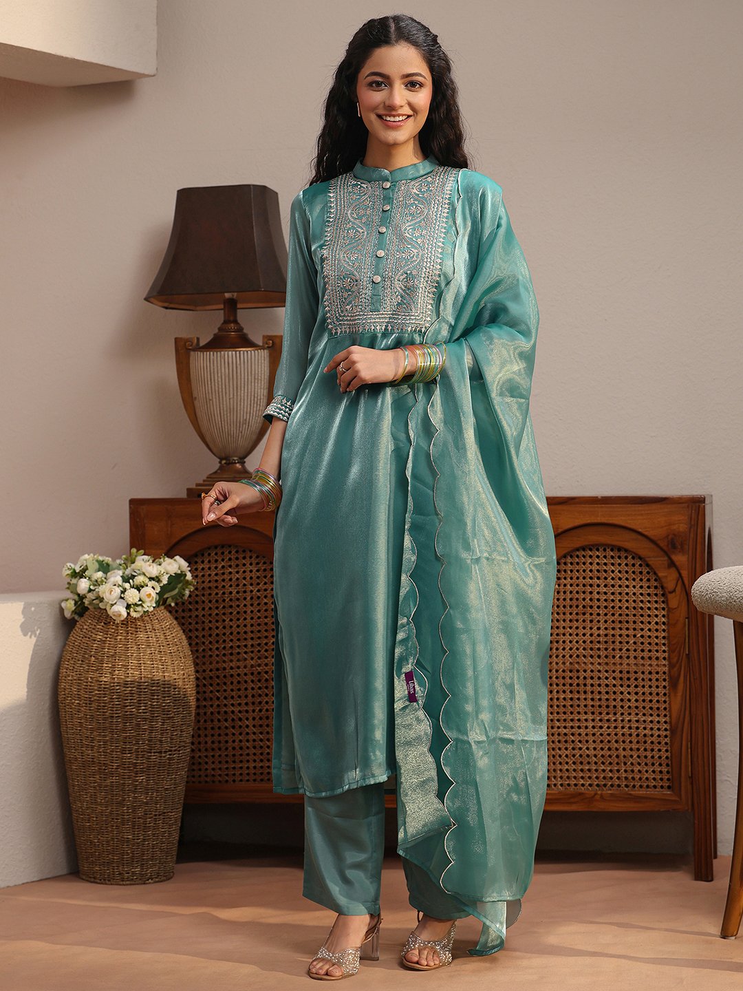 Blue Embroidered Tissue Straight Kurta with Straight Pants and Dupatta Set
