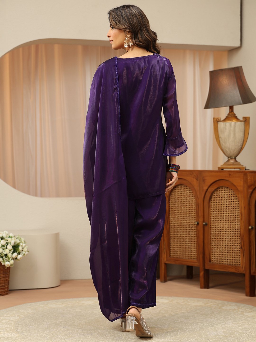 Purple Solid Straight Kurta with Palazzo Pants and Dupatta Set