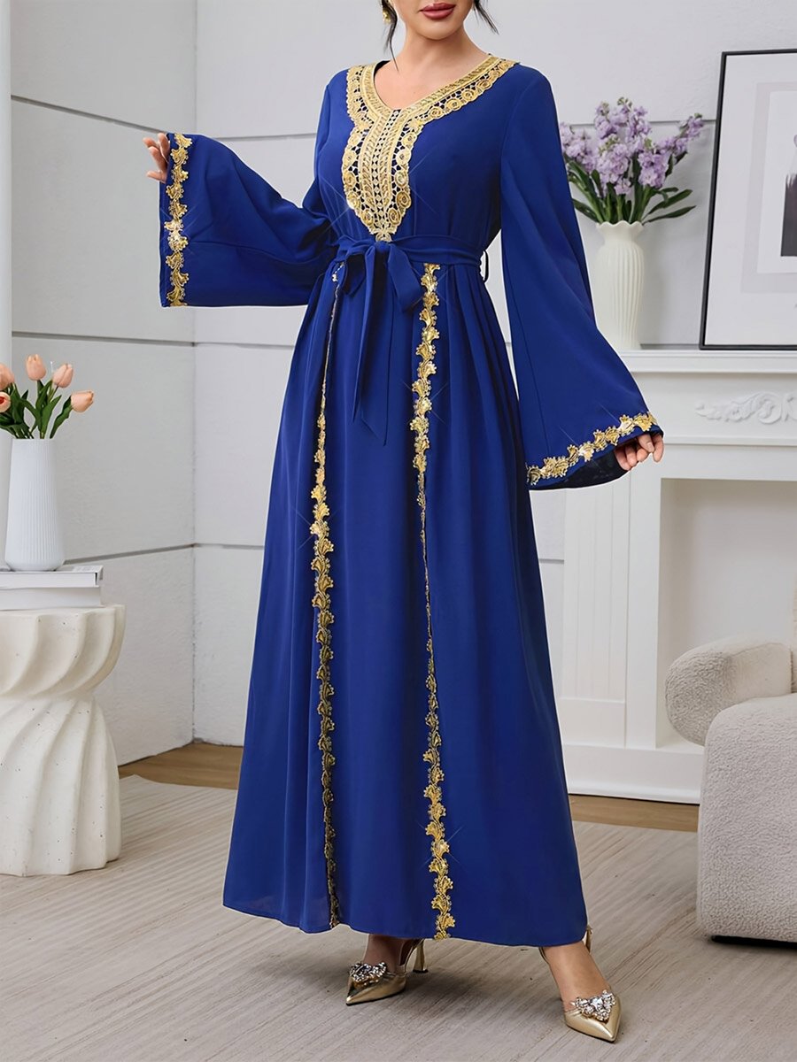 Blue Lace Patch Jalabiya with Tie-Belt