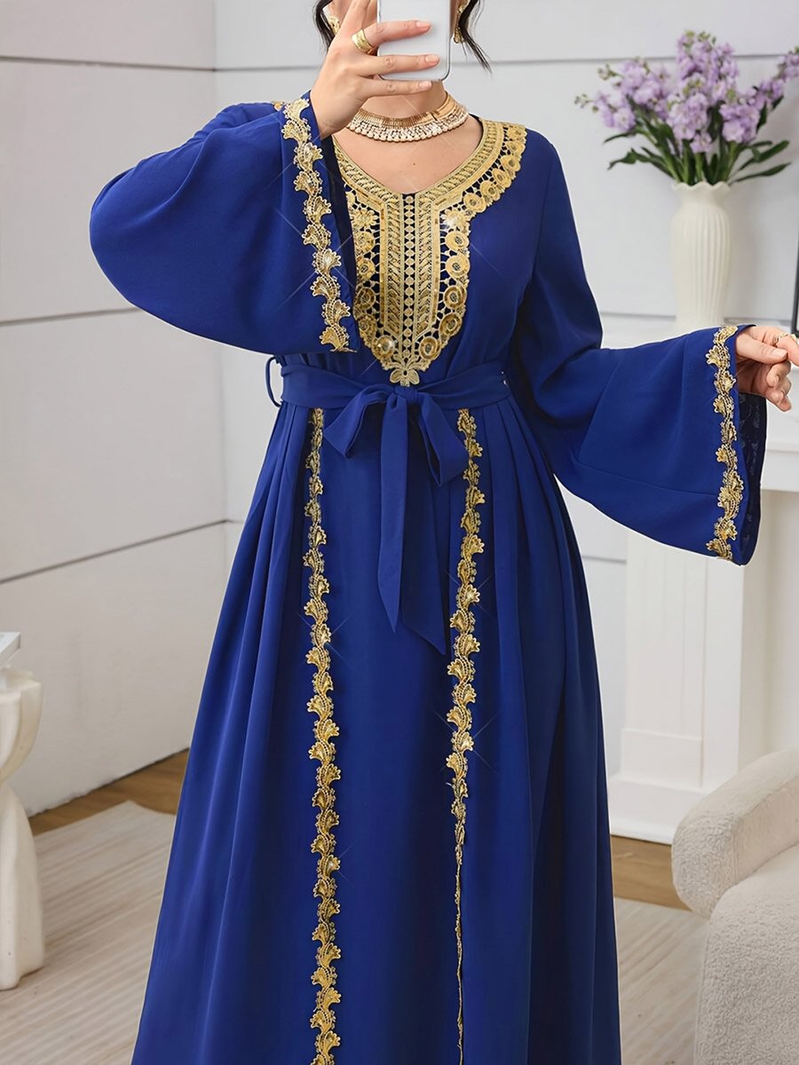 Blue Lace Patch Jalabiya with Tie-Belt