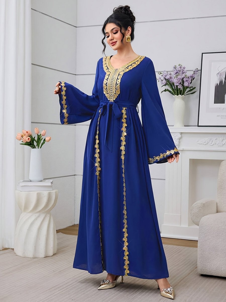 Blue Lace Patch Jalabiya with Tie-Belt
