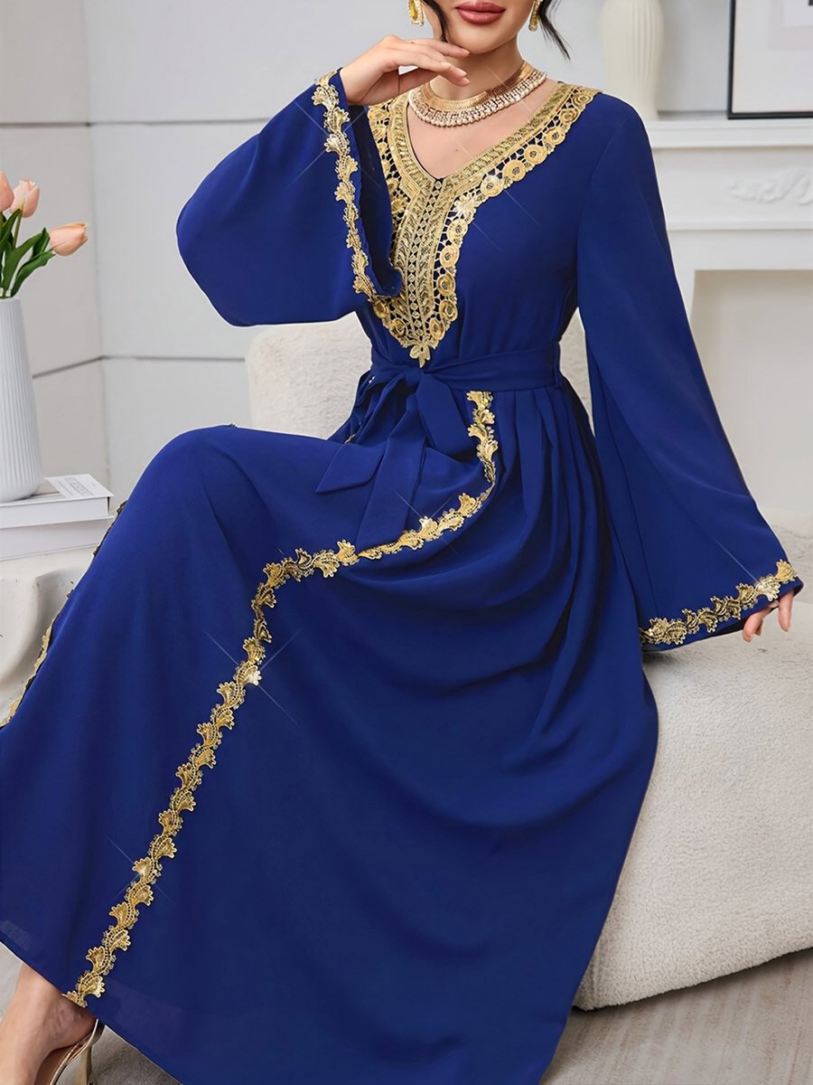 Blue Lace Patch Jalabiya with Tie-Belt