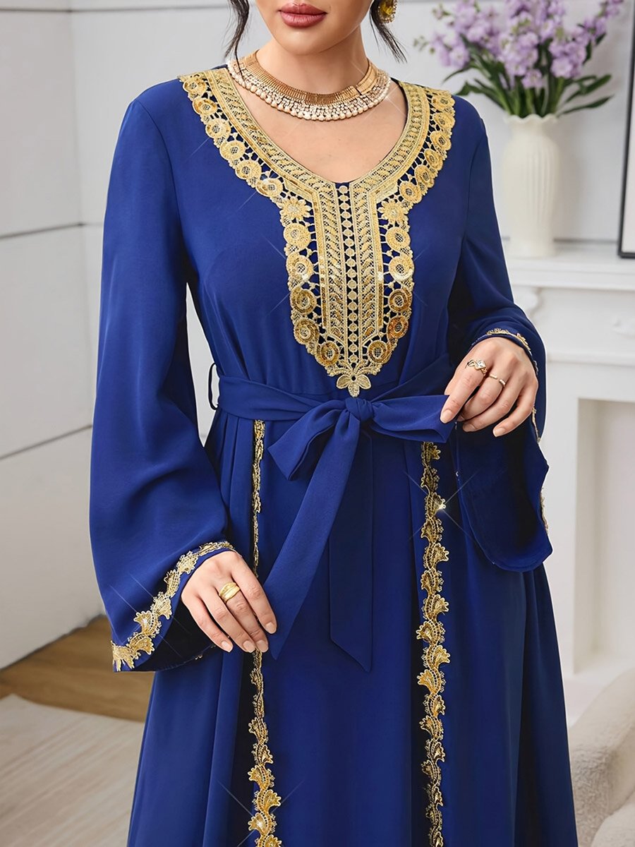 Blue Lace Patch Jalabiya with Tie-Belt