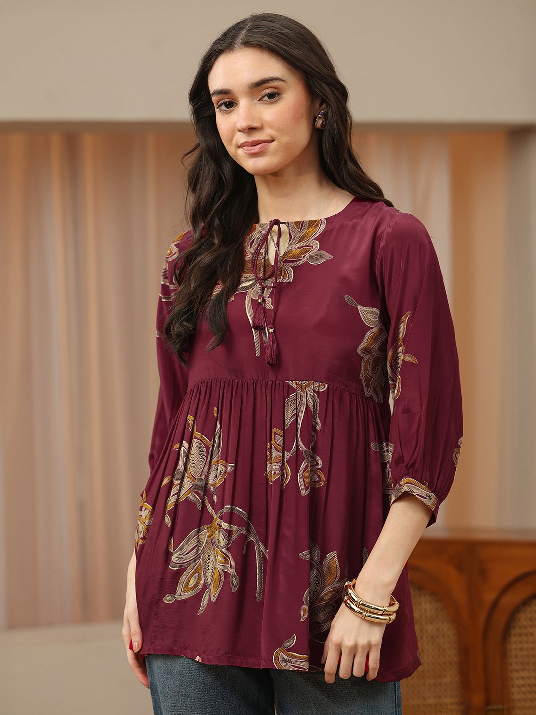 Red Printed Rayon A-Line Kurtis