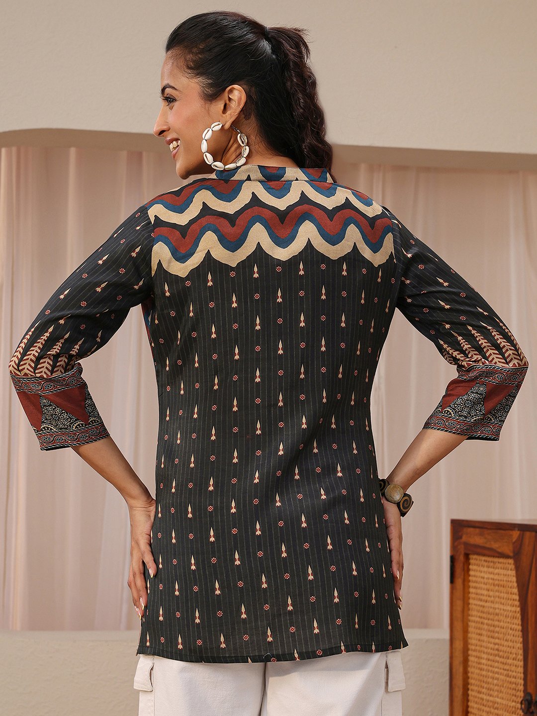 Grey Printed Silk Blend Straight Kurtis