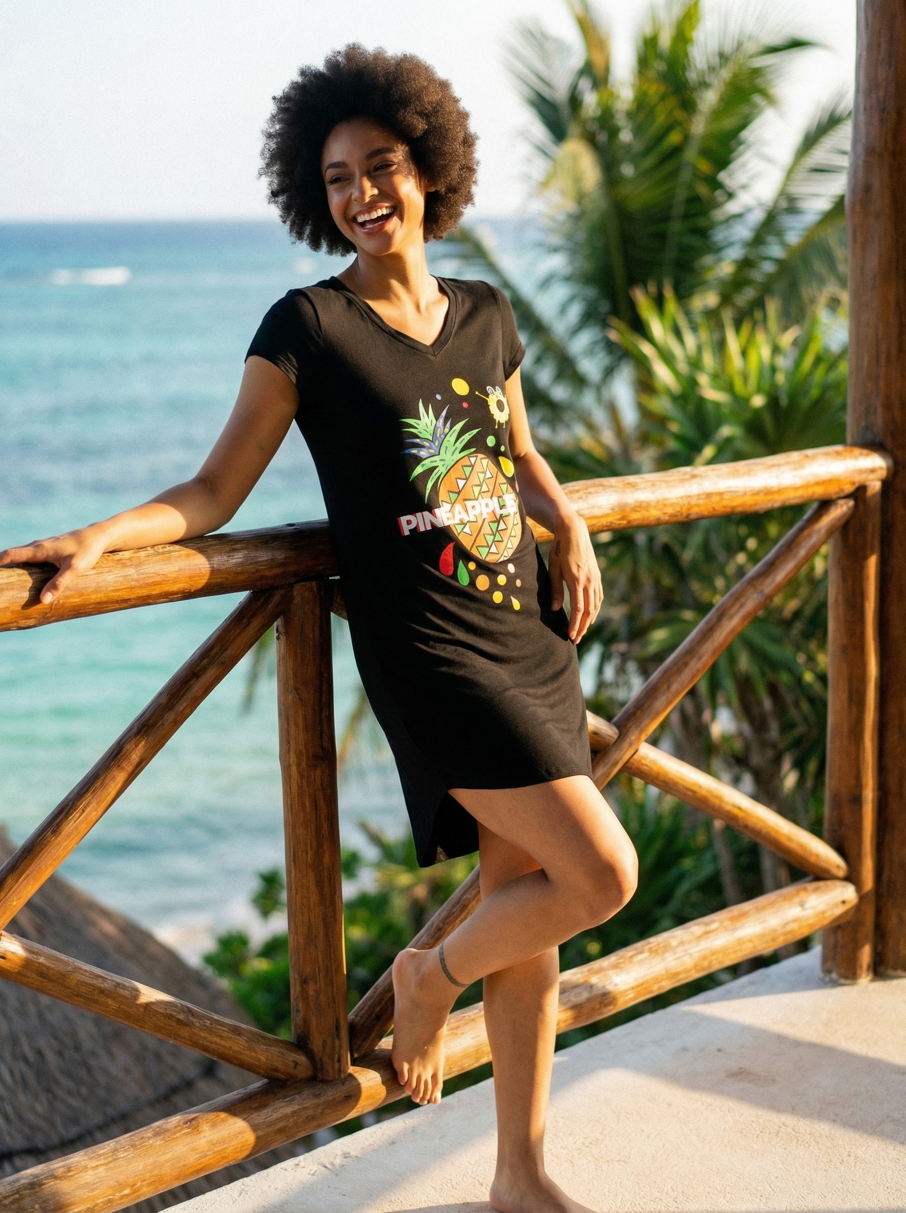 Fruit Print Sleep Shirt with V Neck and Short Sleeve