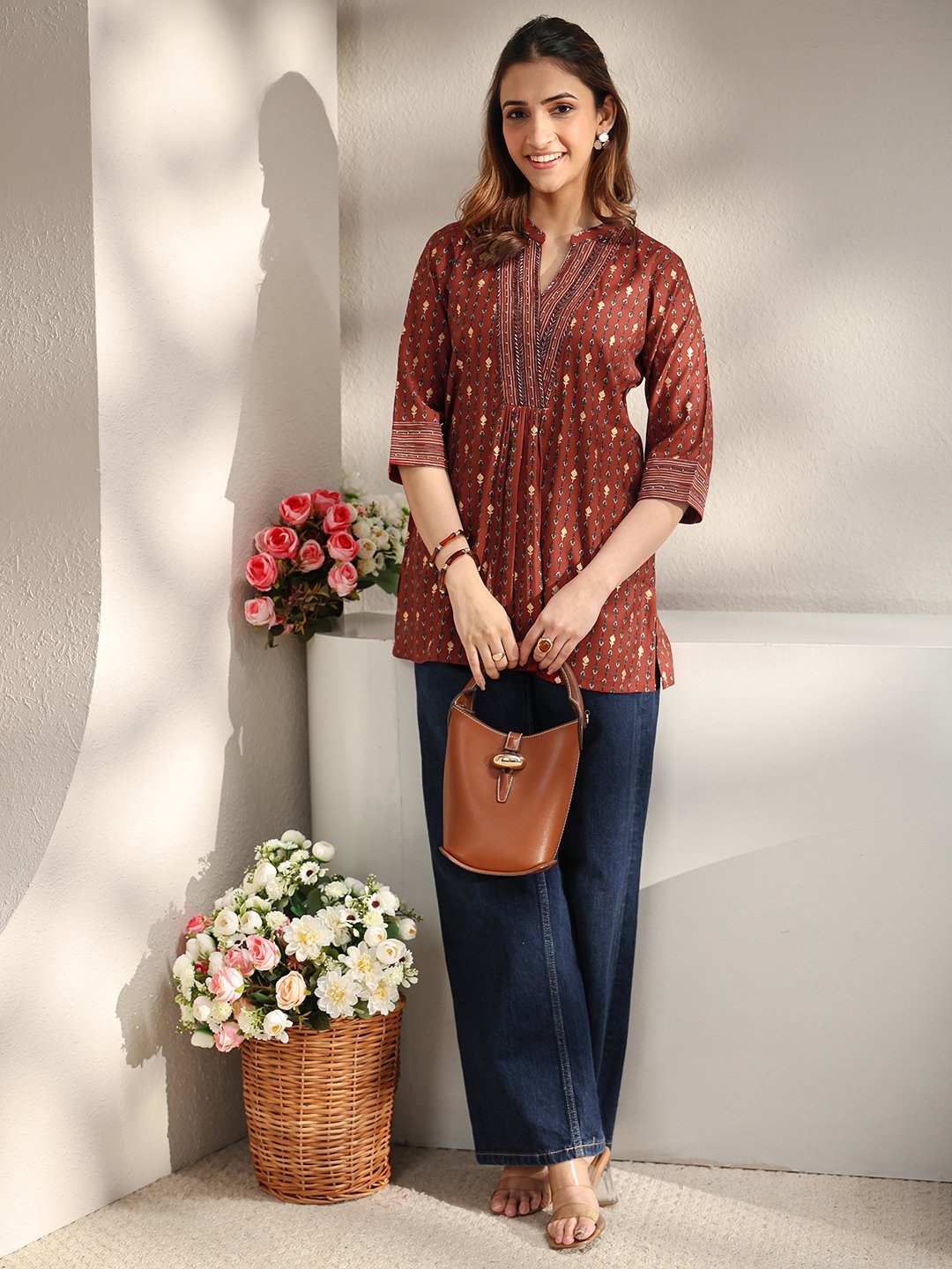 Rust Printed Silk Blend Straight Kurti
