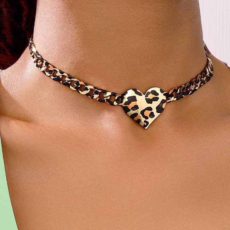 Animal Print Heart Link Choker Necklace