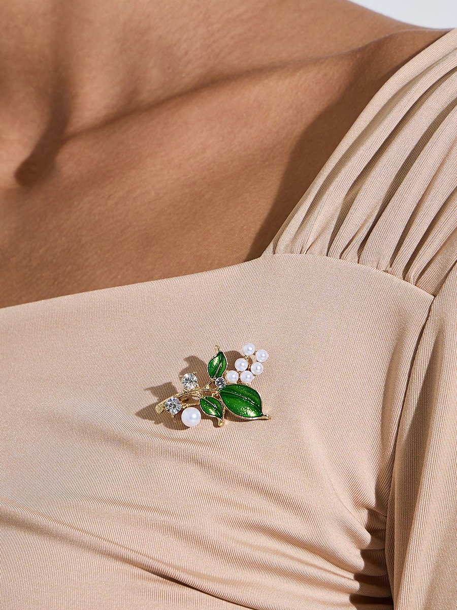 Gold-Tone Green Enamel Leaf Brooch with Pearls and Crystals Embellishments