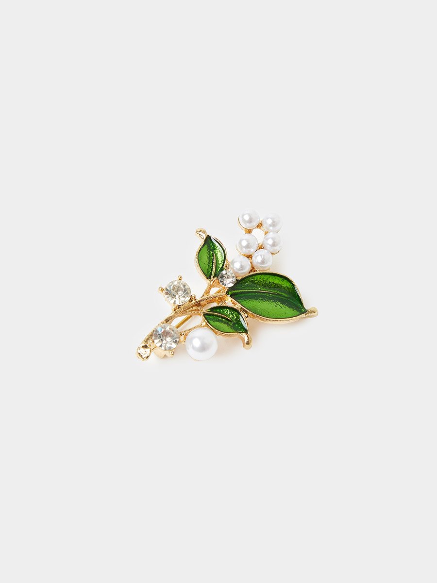 Gold-Tone Green Enamel Leaf Brooch with Pearls and Crystals Embellishments