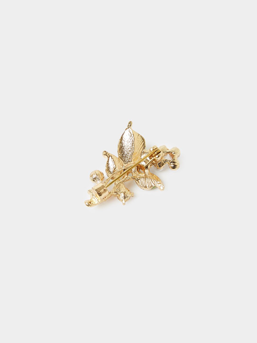 Gold-Tone Green Enamel Leaf Brooch with Pearls and Crystals Embellishments