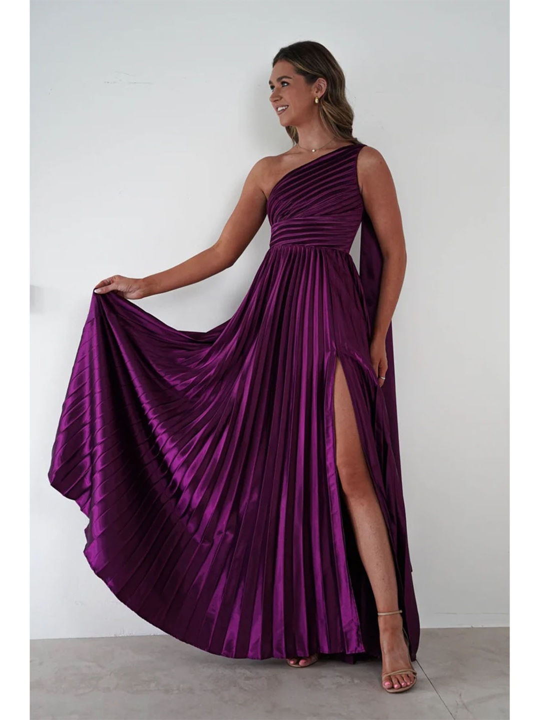 Purple One-Shoulder Pleated Maxi Dress with Side Slit