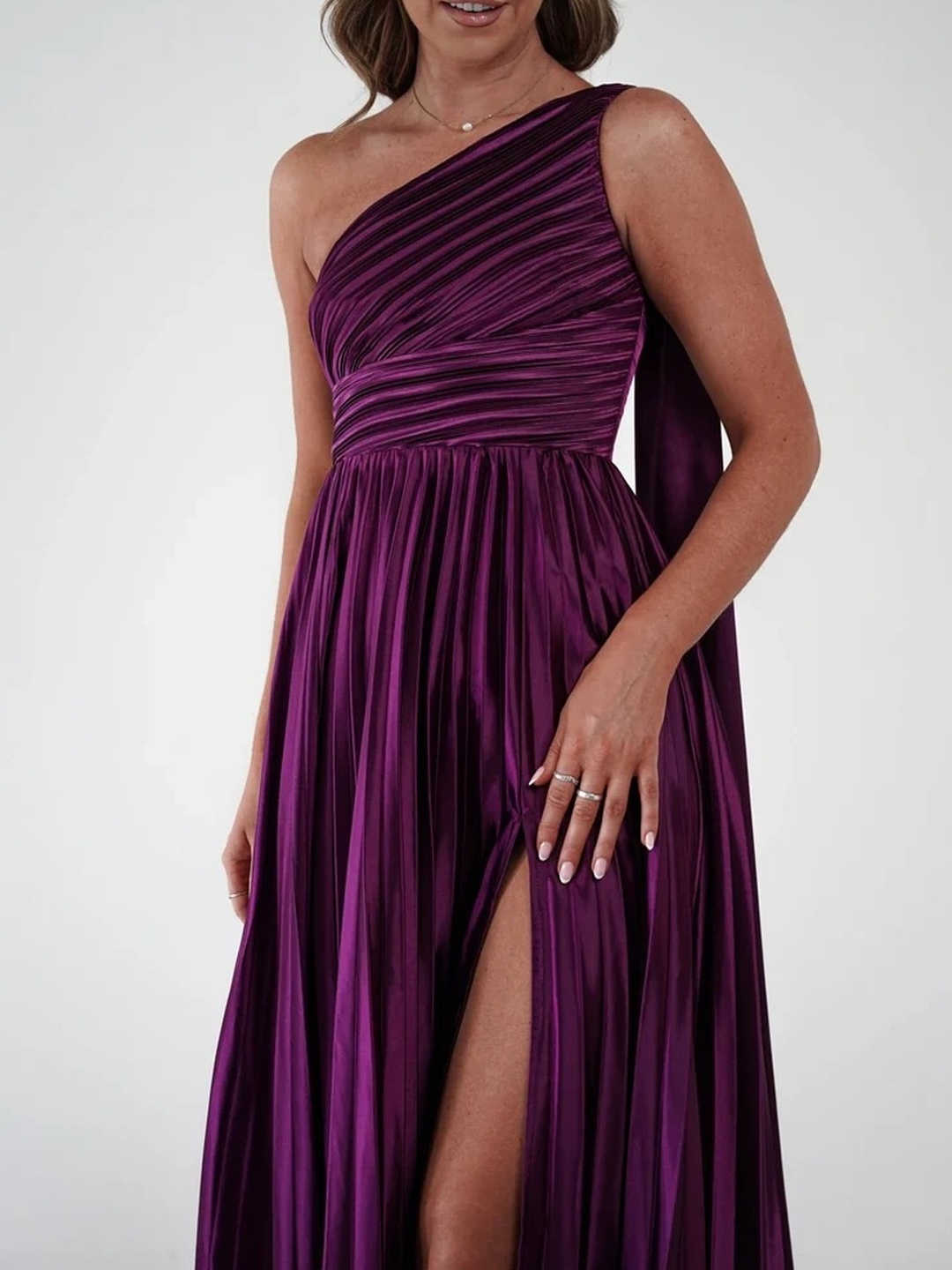 Purple One-Shoulder Pleated Maxi Dress with Side Slit