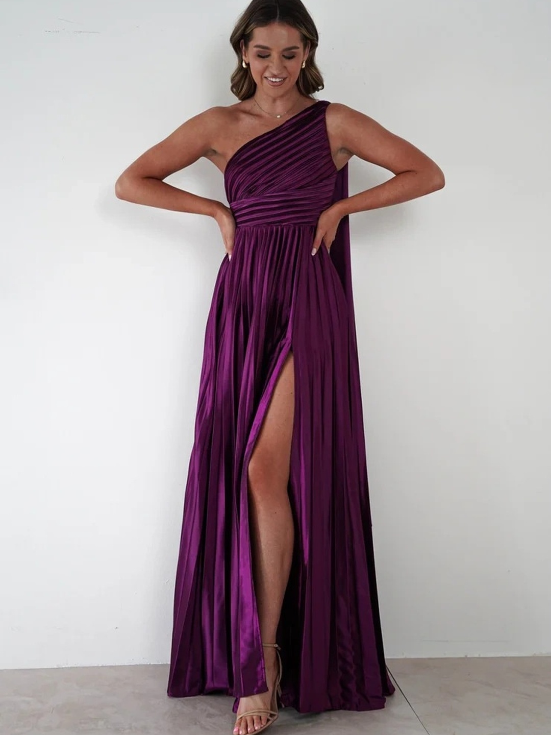 Purple One-Shoulder Pleated Maxi Dress with Side Slit