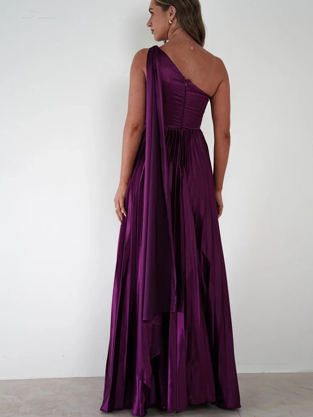 Purple One-Shoulder Pleated Maxi Dress with Side Slit