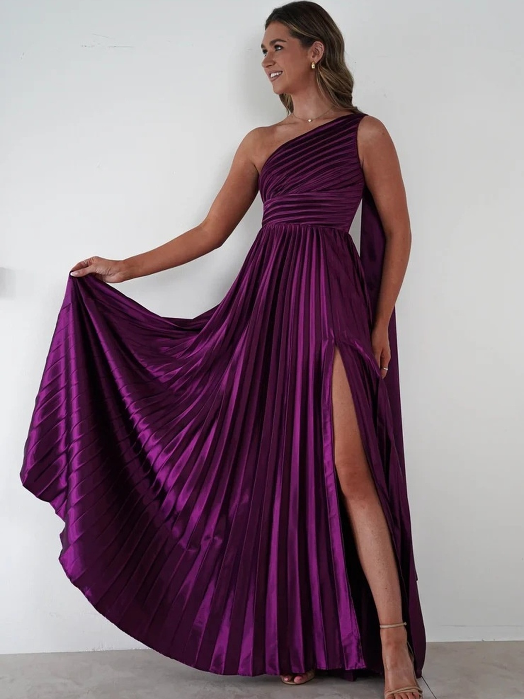 Purple One-Shoulder Pleated Maxi Dress with Side Slit