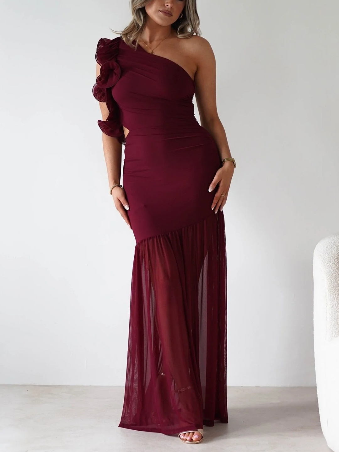 Burgundy Ruffled One Shoulder Maxi Dress