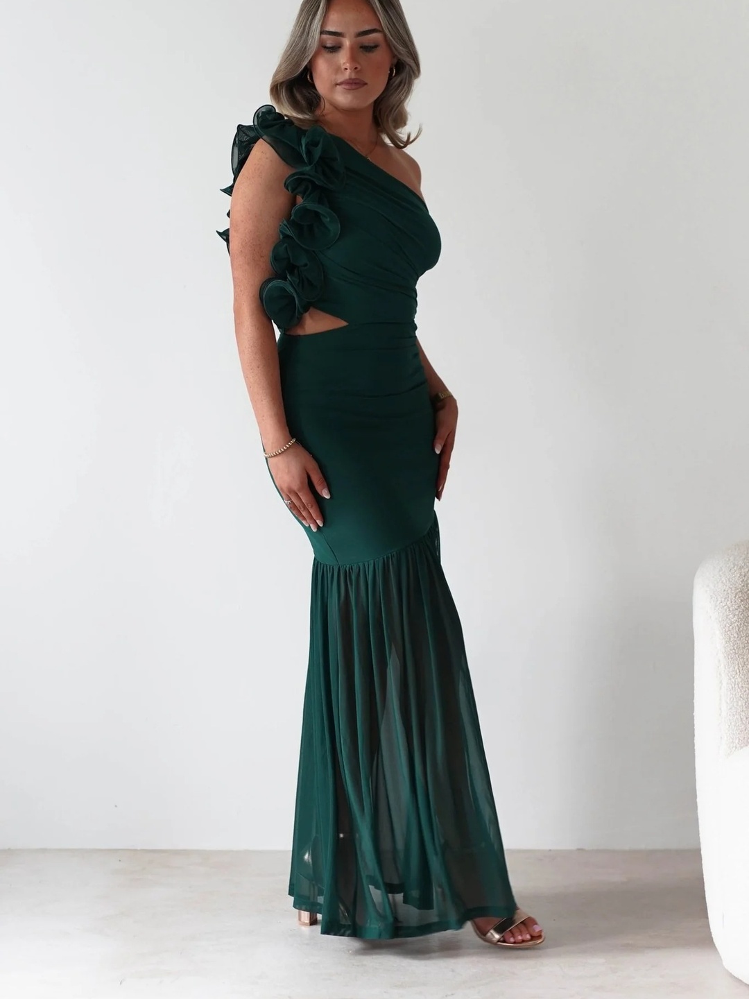Dark Green Ruffled One Shoulder Maxi Dress