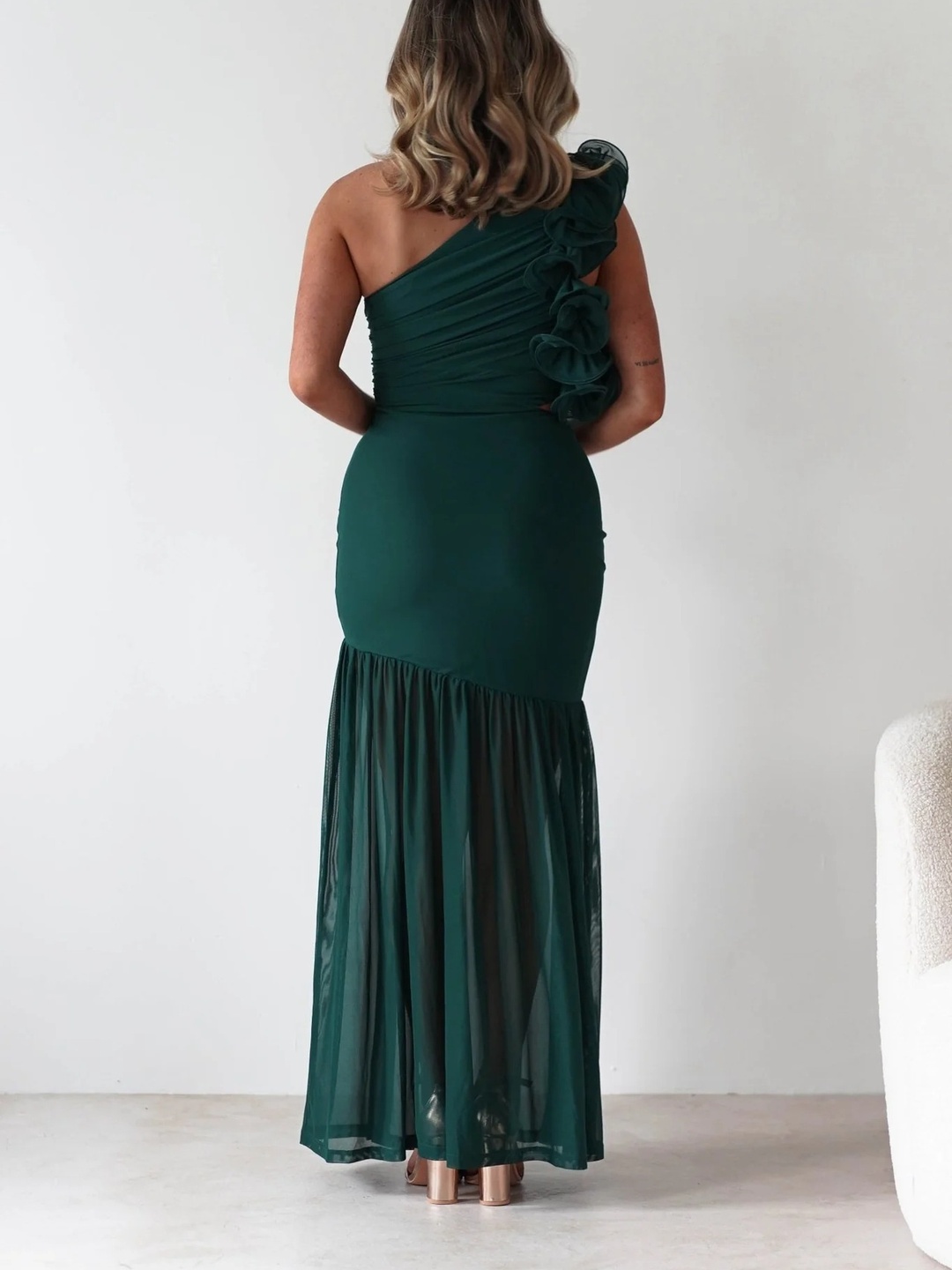 Dark Green Ruffled One Shoulder Maxi Dress