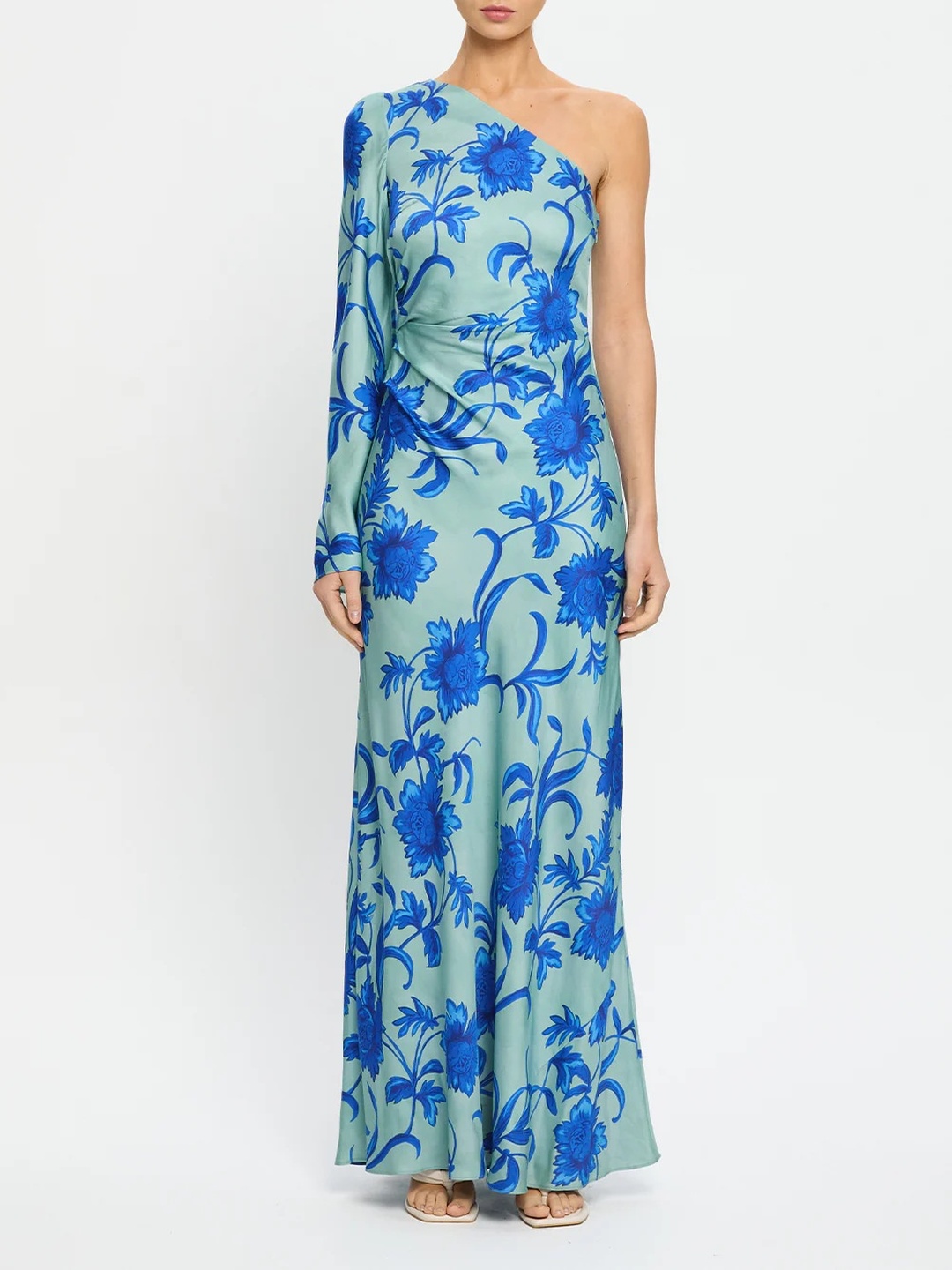 Blue Floral One-Shoulder Maxi Sheath Dress