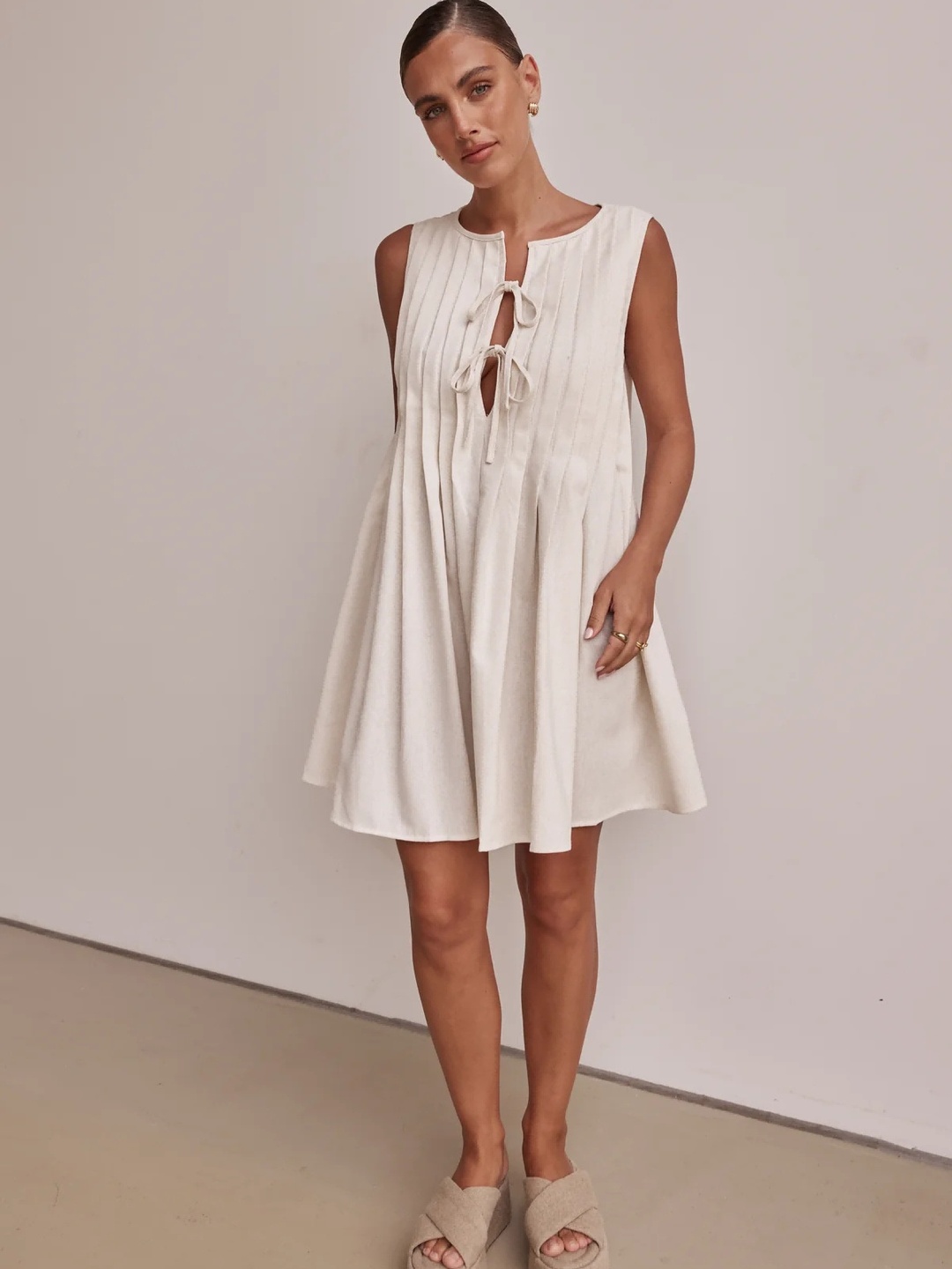Off White Tie-Front Detail Sleeveless Mini Dress