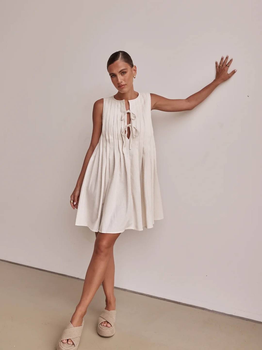 Off White Tie-Front Detail Sleeveless Mini Dress