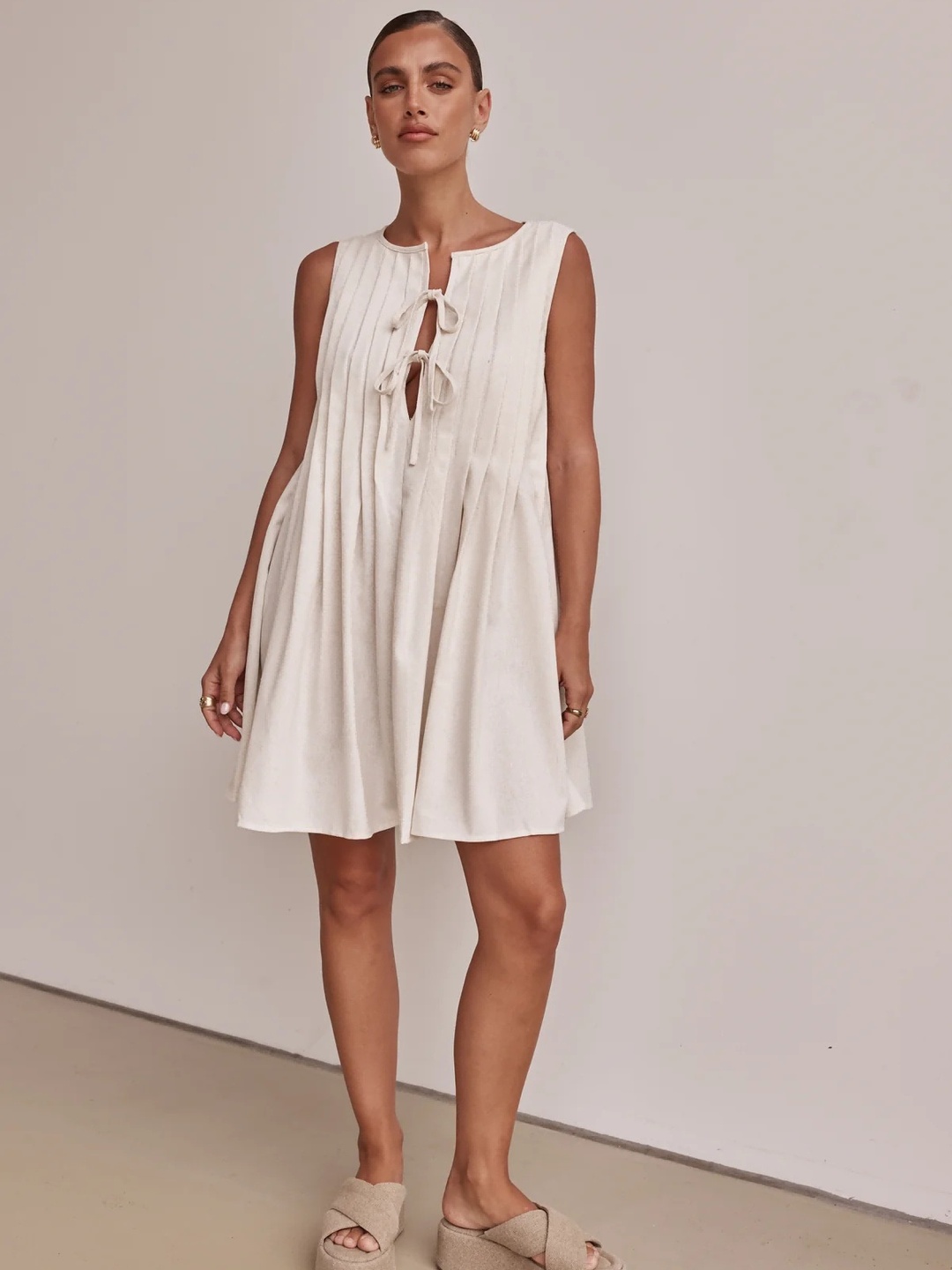 Off White Tie-Front Detail Sleeveless Mini Dress