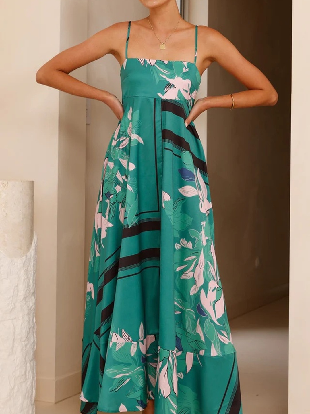 Green Strappy A-Line Maxi Dress