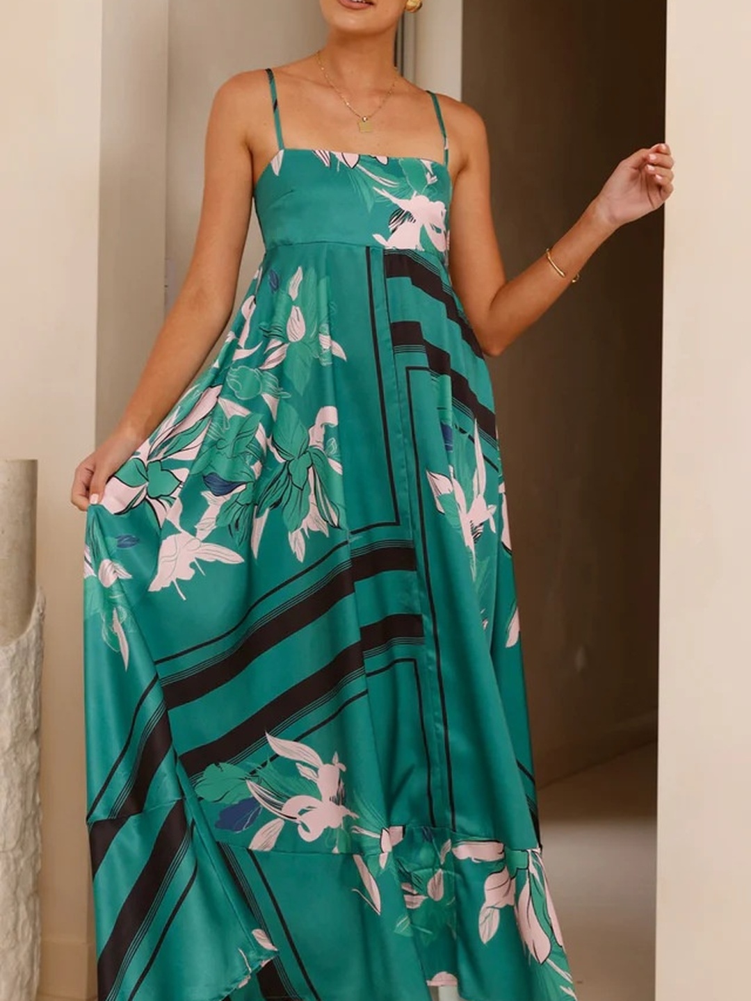 Green Strappy A-Line Maxi Dress