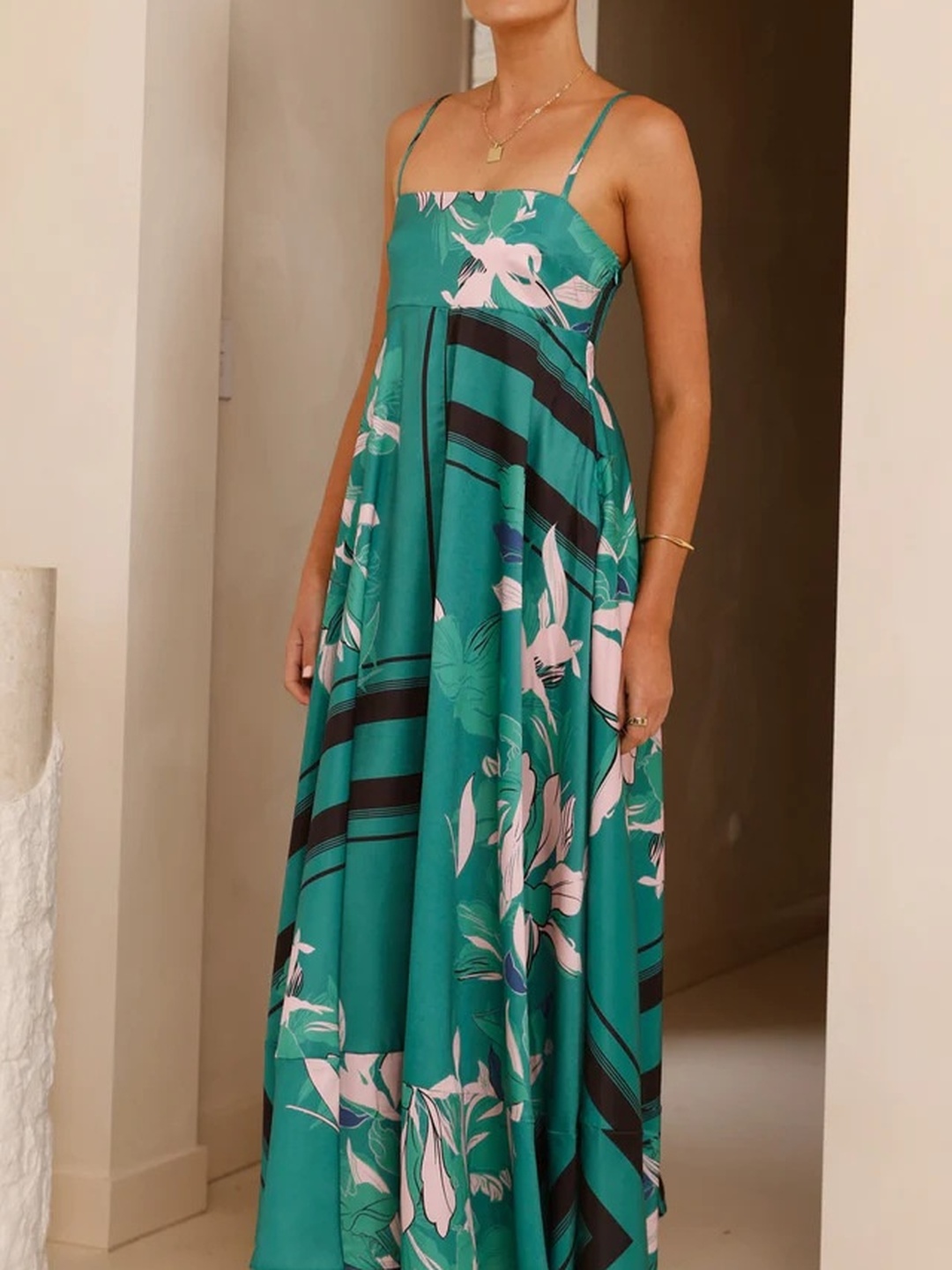 Green Strappy A-Line Maxi Dress