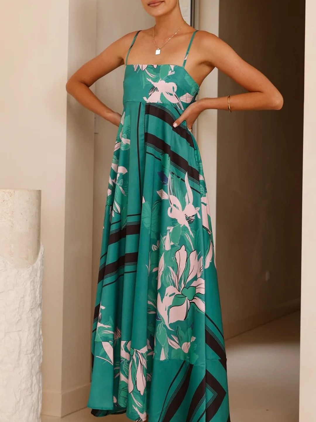 Green Strappy A-Line Maxi Dress