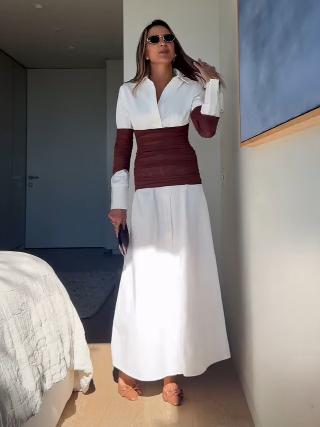 White Color Block Flared Maxi Dress