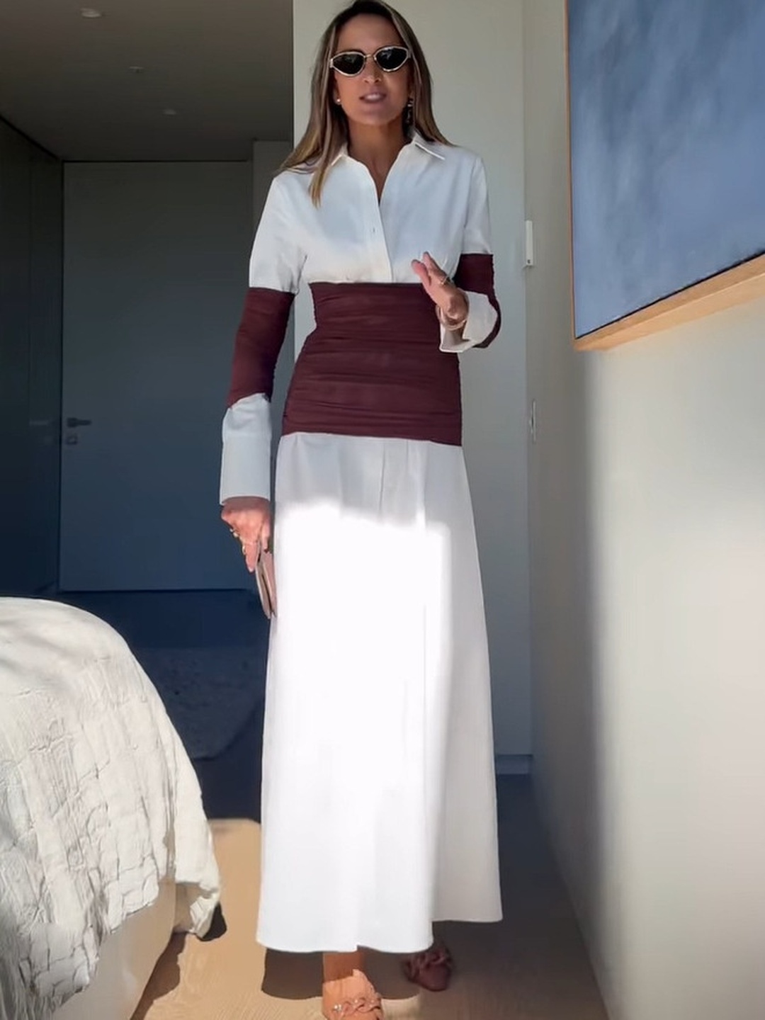 White Color Block Flared Maxi Dress