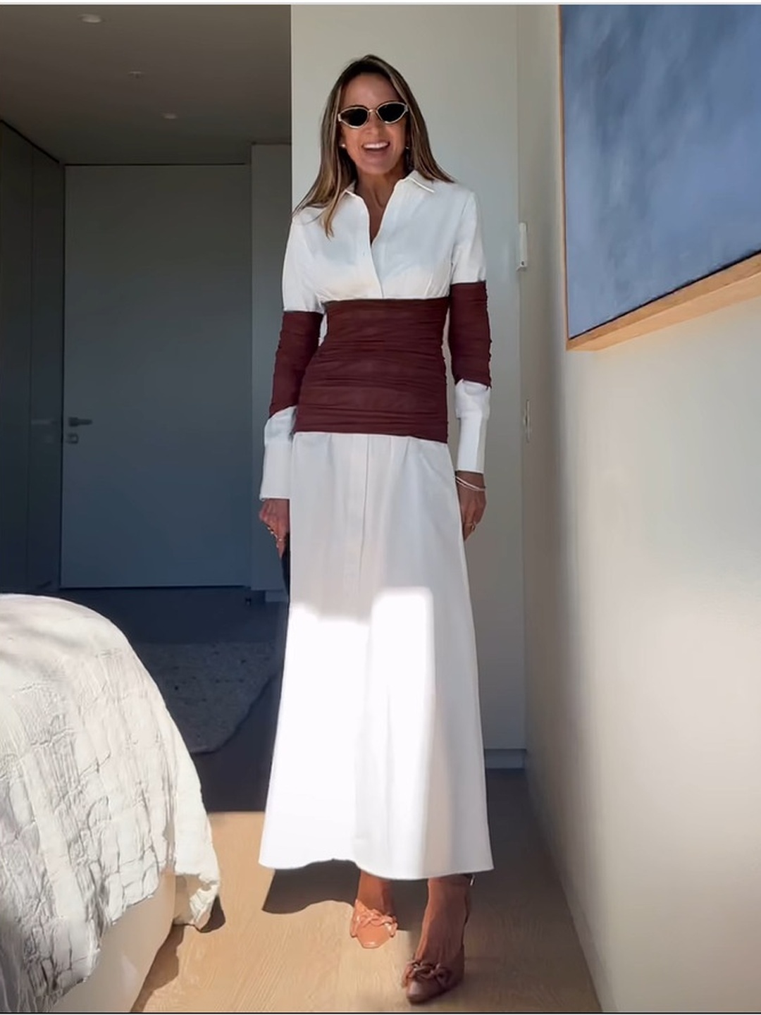 White Color Block Flared Maxi Dress
