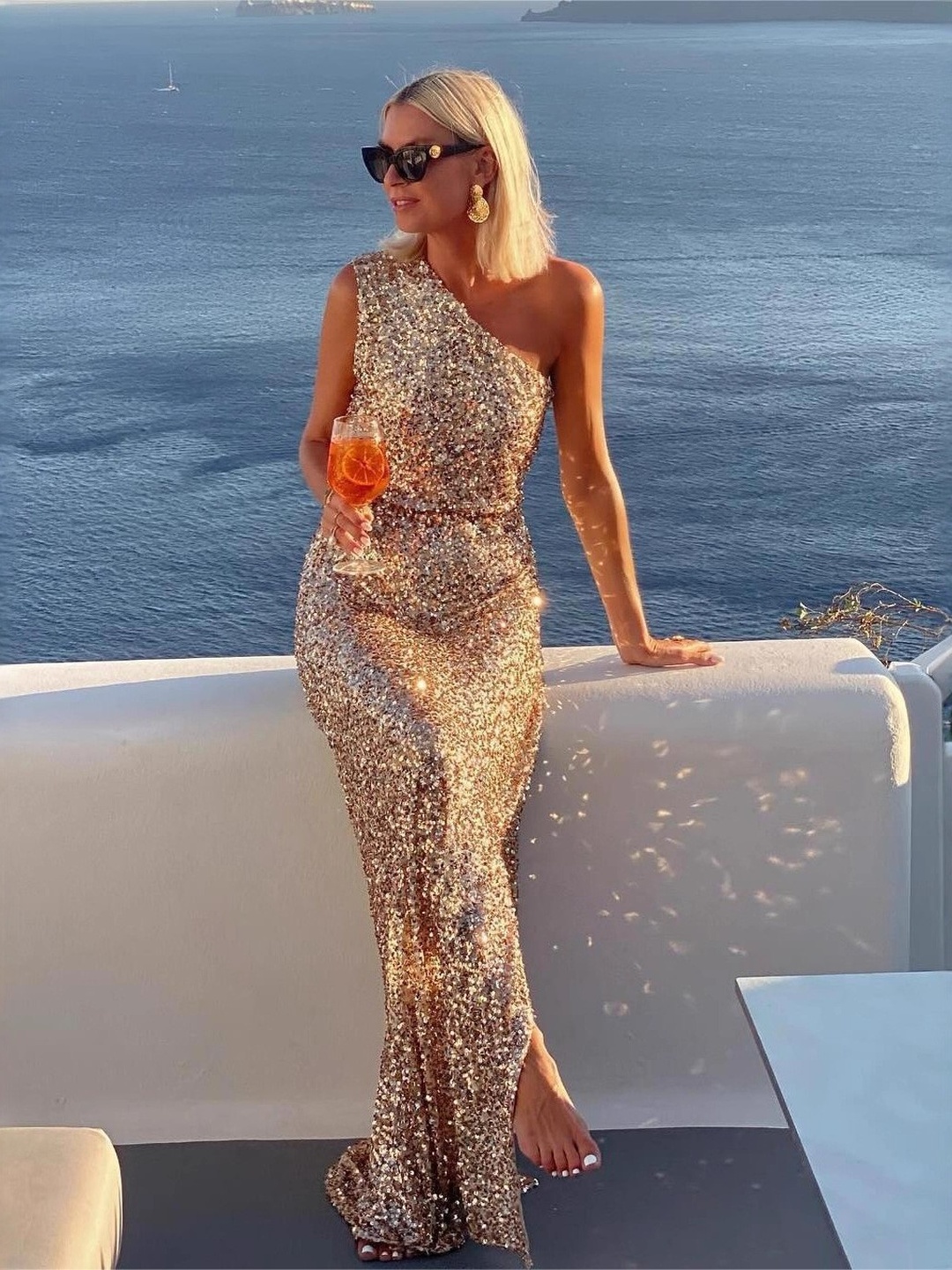 Bronze One Shoulder Sequin Maxi Dress