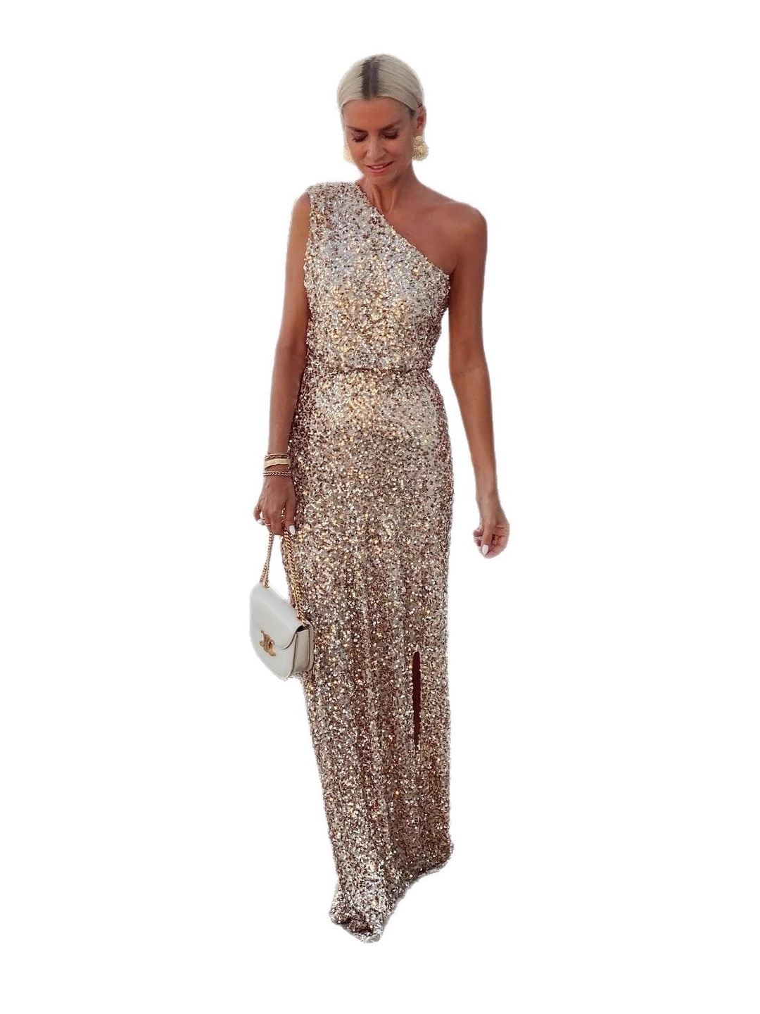 Bronze One Shoulder Sequin Maxi Dress