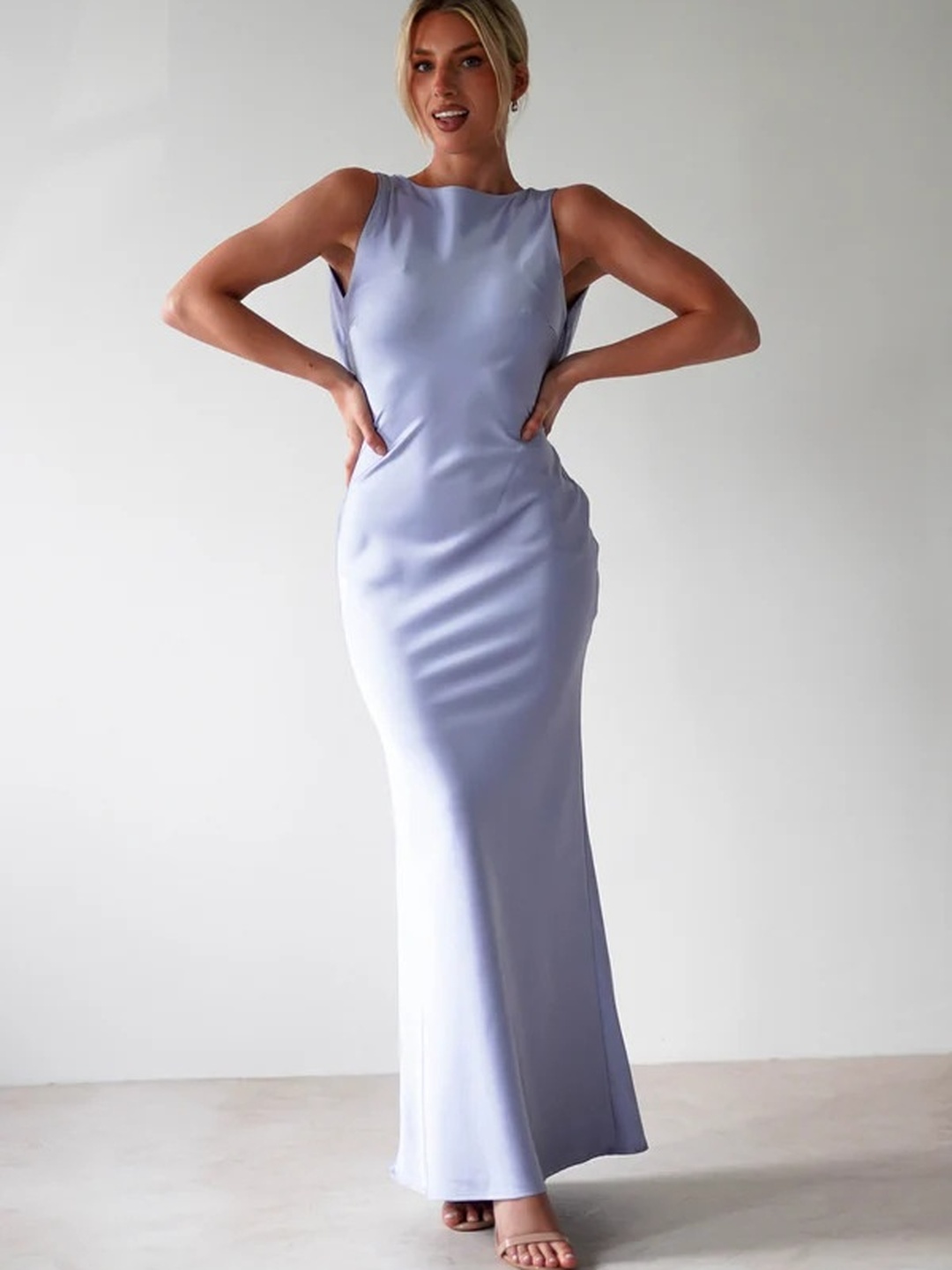 Blue Sleeveless Low-Back Design Maxi Dress