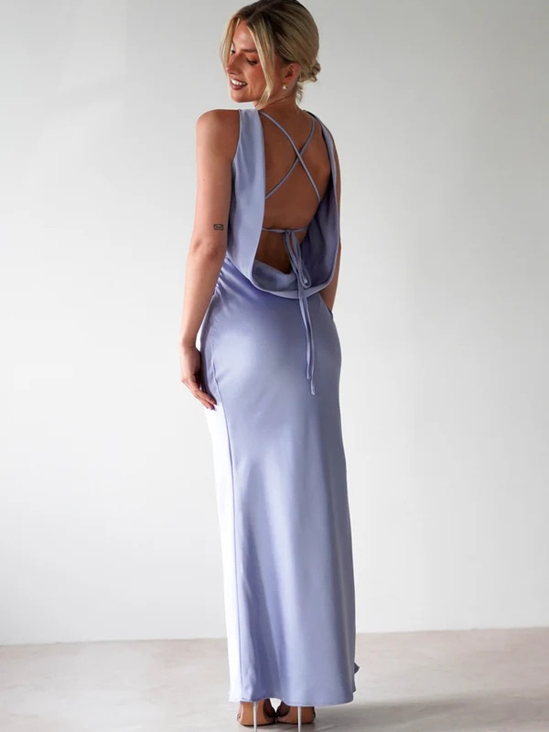 Blue Sleeveless Low-Back Design Maxi Dress
