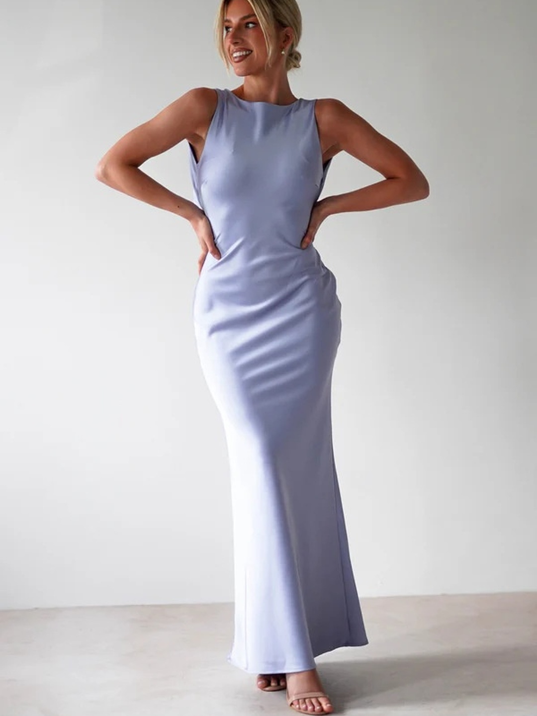 Blue Sleeveless Low-Back Design Maxi Dress