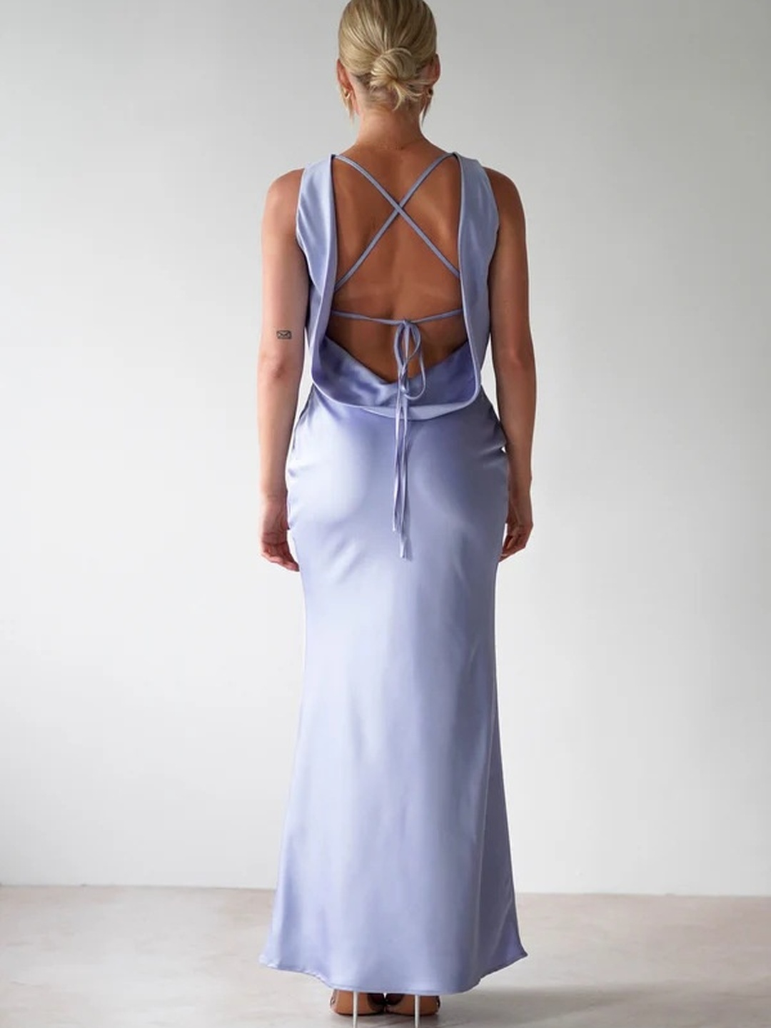 Blue Sleeveless Low-Back Design Maxi Dress